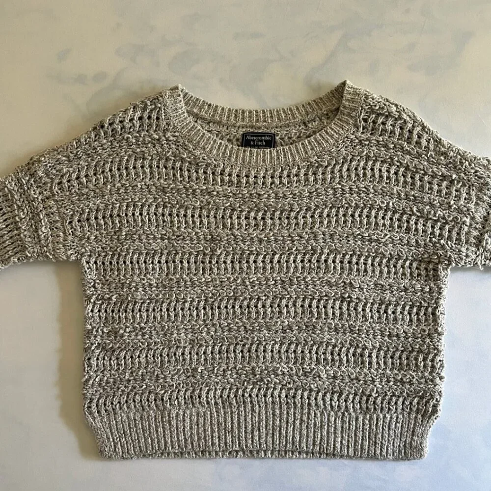 Abercrombie & Fitch Grey Knit Open Stitch Cropped Crewneck Sweater
